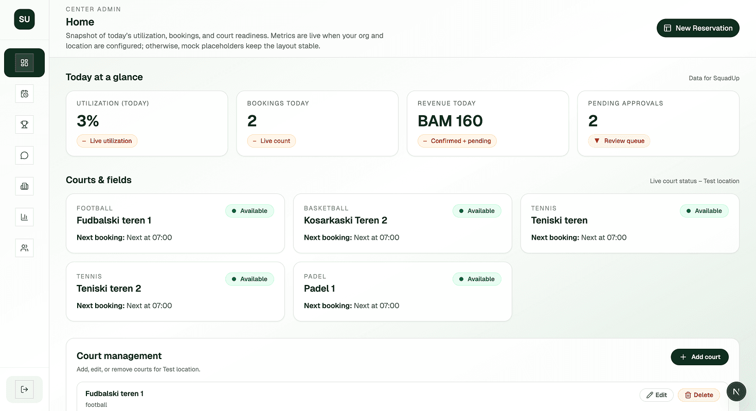 Sports center dashboard preview