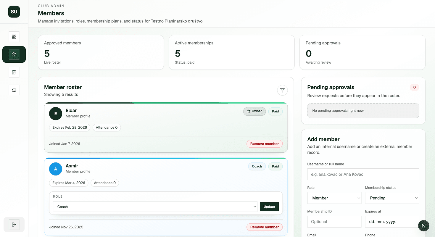 Club dashboard preview